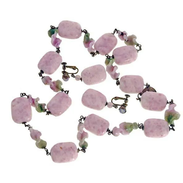 Vintage Miriam Haskell Necklace & Ears Pink Poured Glass Large Beads