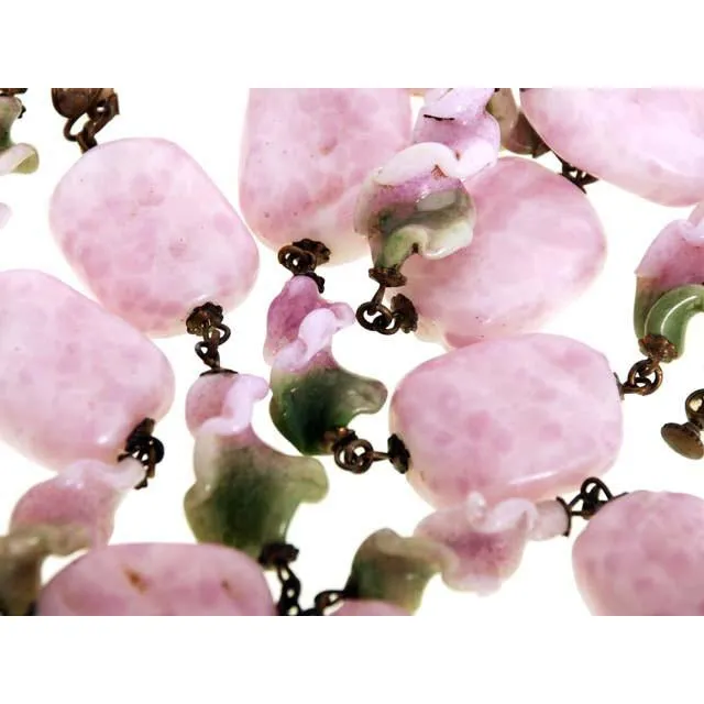 Vintage Miriam Haskell Necklace & Ears Pink Poured Glass Large Beads
