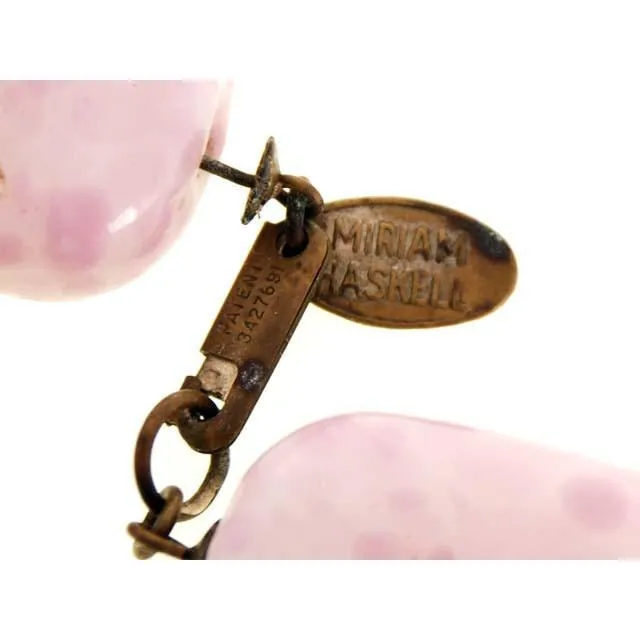 Vintage Miriam Haskell Necklace & Ears Pink Poured Glass Large Beads