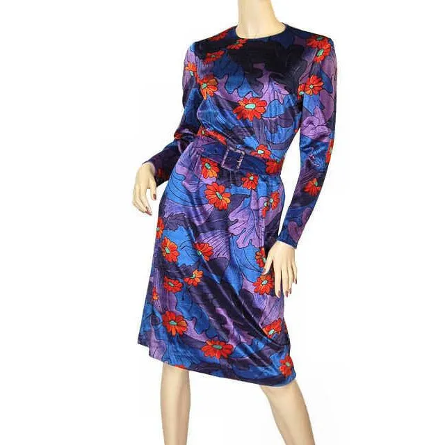 Vintage Mod Dress J. Tiktiner France Velveteen  Blue Orange Knit 1970S 36-28-36