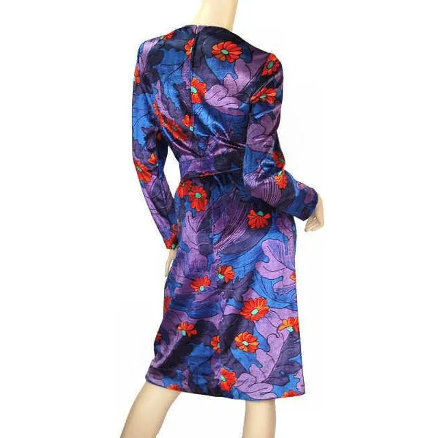 Vintage Mod Dress J. Tiktiner France Velveteen  Blue Orange Knit 1970S 36-28-36