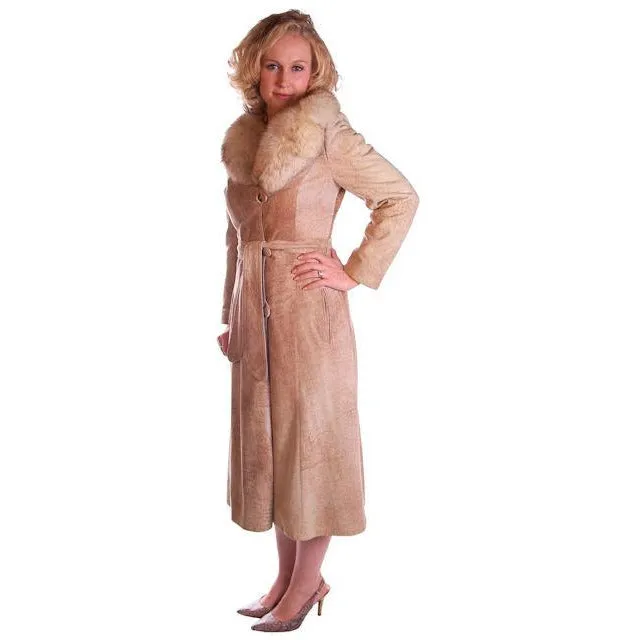 Vintage Mottled Beige Suede Trench Coat Fox Collar 1970S Medium