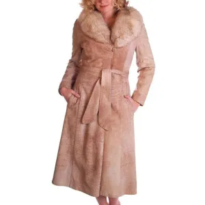 Vintage Mottled Beige Suede Trench Coat Fox Collar 1970S Medium