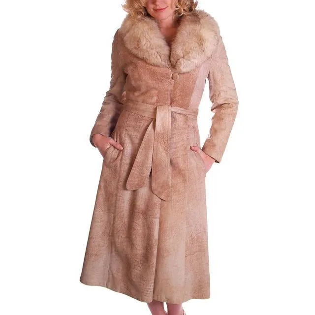 Vintage Mottled Beige Suede Trench Coat Fox Collar 1970S Medium