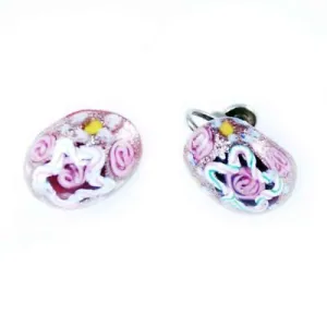 Vintage Murano Glass  Earrings Pink Roses Screw-Back 1940S