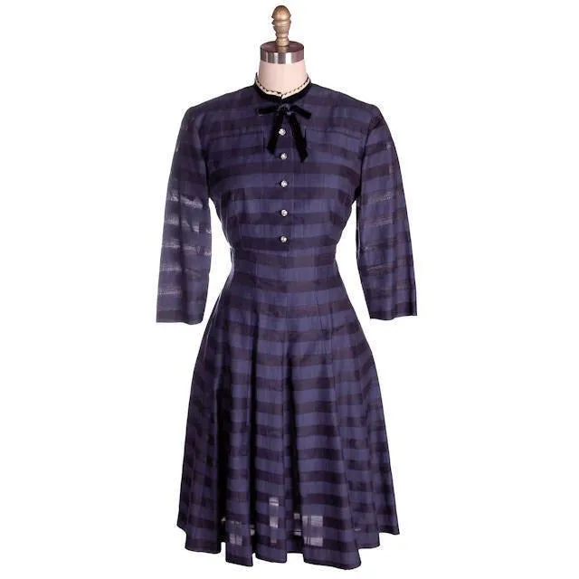 Vintage Navy & Black Striped Silk Day Dress & Jacket 1950s  37-28-44