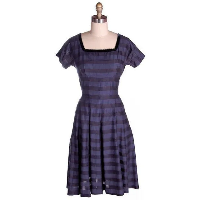 Vintage Navy & Black Striped Silk Day Dress & Jacket 1950s  37-28-44