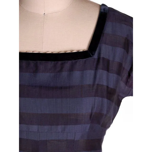 Vintage Navy & Black Striped Silk Day Dress & Jacket 1950s  37-28-44