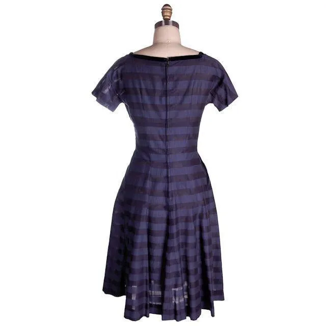 Vintage Navy & Black Striped Silk Day Dress & Jacket 1950s  37-28-44