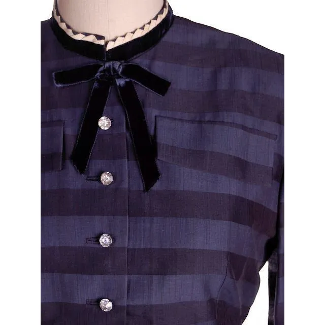 Vintage Navy & Black Striped Silk Day Dress & Jacket 1950s  37-28-44