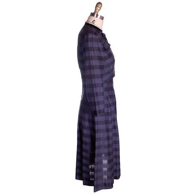 Vintage Navy & Black Striped Silk Day Dress & Jacket 1950s  37-28-44