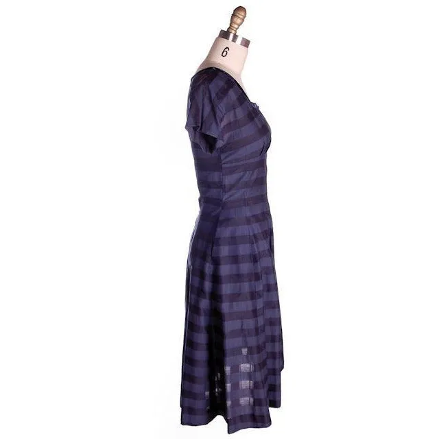 Vintage Navy & Black Striped Silk Day Dress & Jacket 1950s  37-28-44