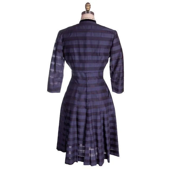 Vintage Navy & Black Striped Silk Day Dress & Jacket 1950s  37-28-44