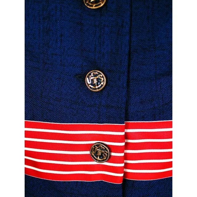 Vintage Navy Linen Coat/Dress Red/White Trim Nautical 1970s 35-28-38