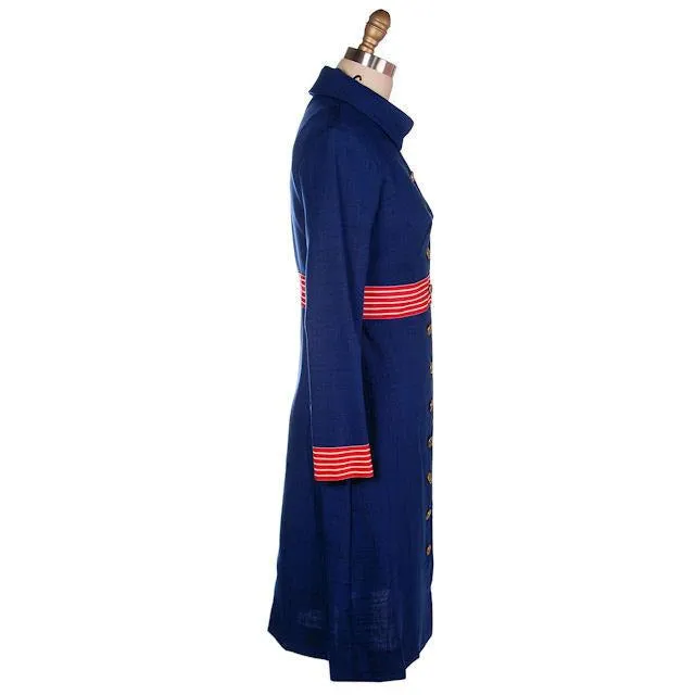 Vintage Navy Linen Coat/Dress Red/White Trim Nautical 1970s 35-28-38