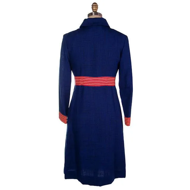 Vintage Navy Linen Coat/Dress Red/White Trim Nautical 1970s 35-28-38