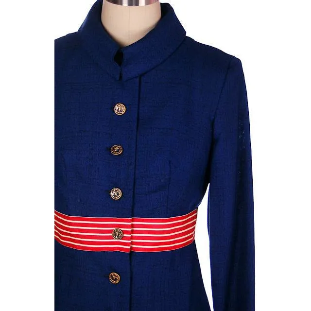 Vintage Navy Linen Coat/Dress Red/White Trim Nautical 1970s 35-28-38