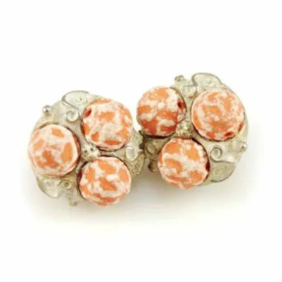 Vintage Orange Sherbet Textured Glass Bead Necklace & Earrings