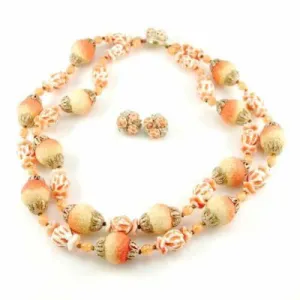 Vintage Orange Sherbet Textured Glass Bead Necklace & Earrings