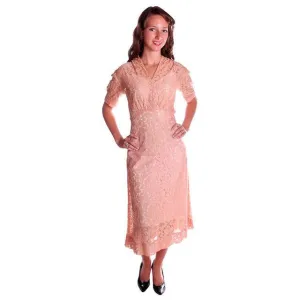 Vintage Peach Embroidered Lace Day Dress 1940s Size 10-12
