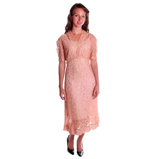 Vintage Peach Embroidered Lace Day Dress 1940s Size 10-12