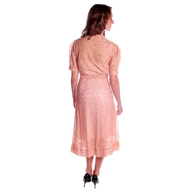 Vintage Peach Embroidered Lace Day Dress 1940s Size 10-12