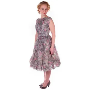 Vintage Pink & Gray Printed Floral Gauze Day Dress Sz 6 1950S