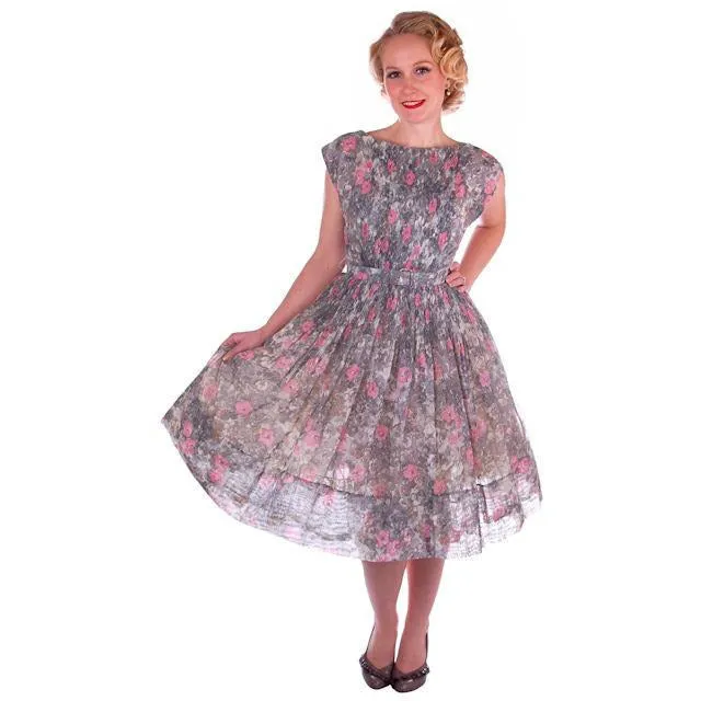 Vintage Pink & Gray Printed Floral Gauze Day Dress Sz 6 1950S