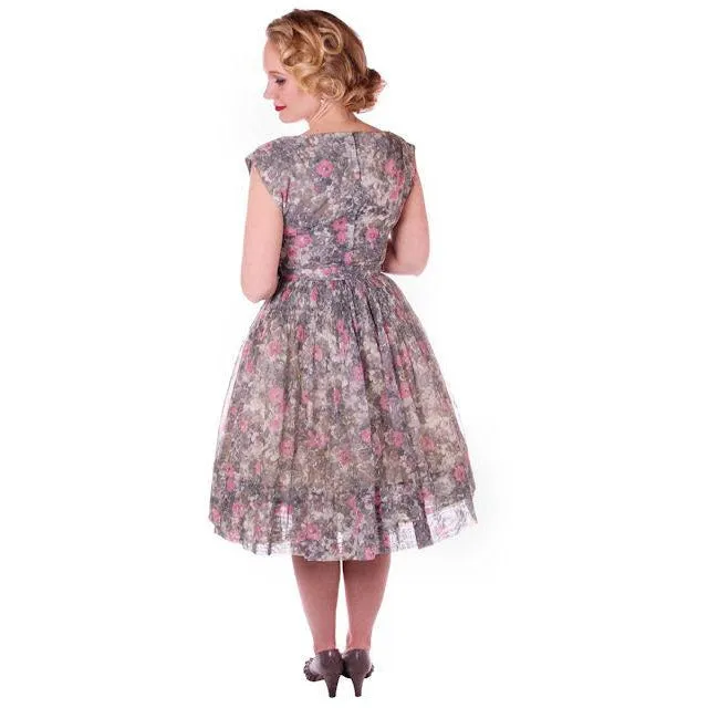 Vintage Pink & Gray Printed Floral Gauze Day Dress Sz 6 1950S