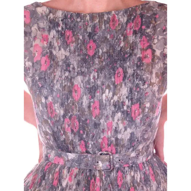 Vintage Pink & Gray Printed Floral Gauze Day Dress Sz 6 1950S