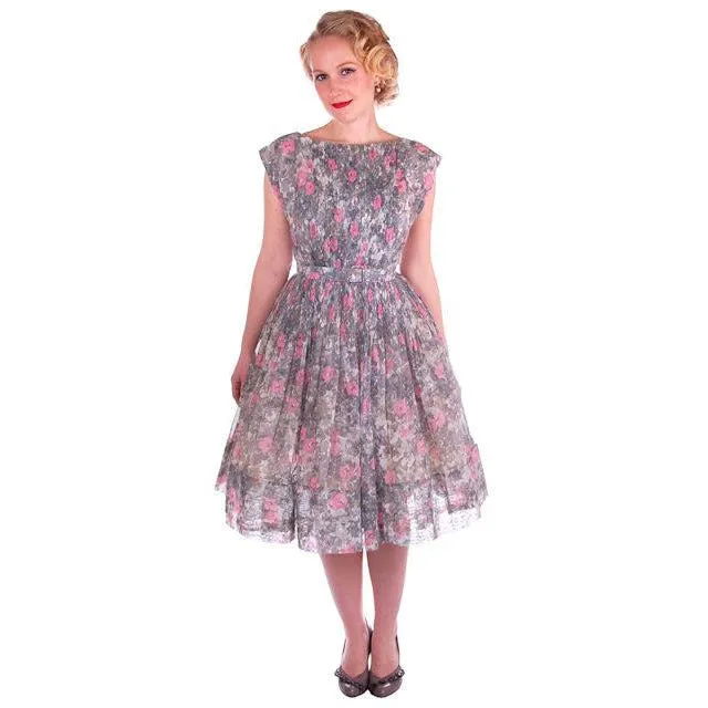 Vintage Pink & Gray Printed Floral Gauze Day Dress Sz 6 1950S