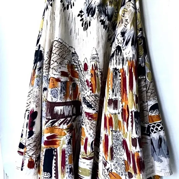 Vintage Print Linen full circle Flared Midi Skirt