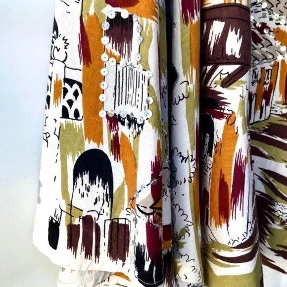 Vintage Print Linen full circle Flared Midi Skirt