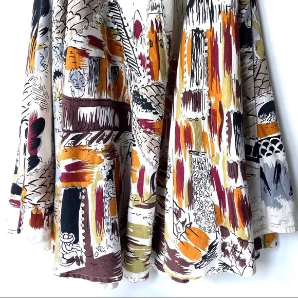 Vintage Print Linen full circle Flared Midi Skirt