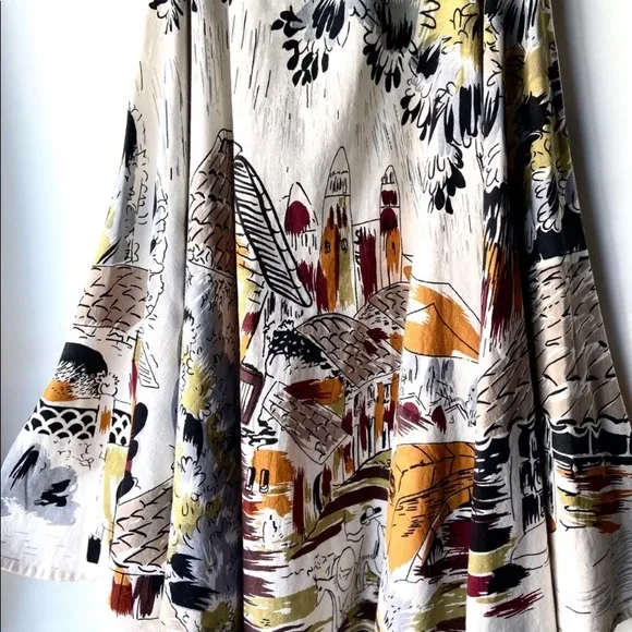 Vintage Print Linen full circle Flared Midi Skirt
