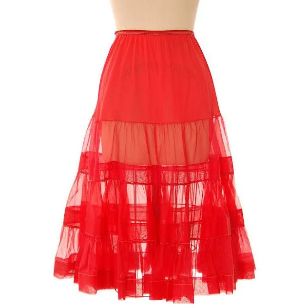 Vintage Red Nylon Organdy Ruffled Full  Petticoat 1950s Medium