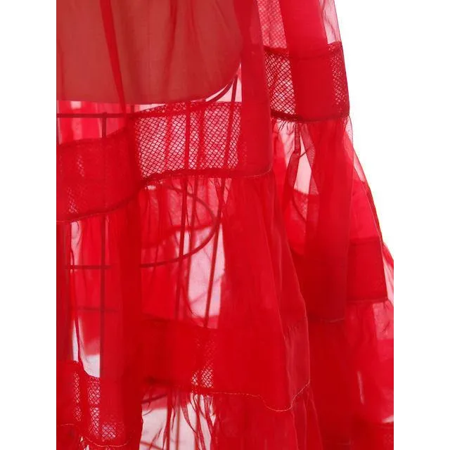 Vintage Red Nylon Organdy Ruffled Full  Petticoat 1950s Medium