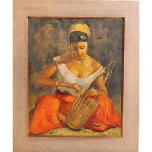 Vintage Reofect Painting Basketmaker Van Cleeve Pretty Lady 21x 25 1960s