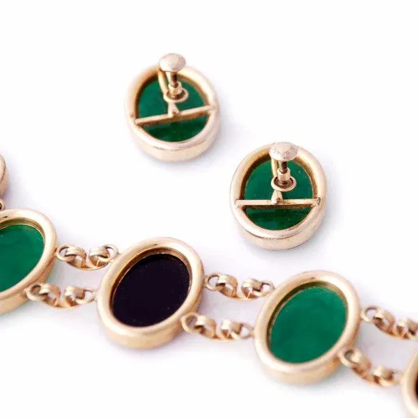 Vintage Ronci Gold Fld Scarab Parure Green/Black 1950S