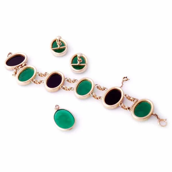 Vintage Ronci Gold Fld Scarab Parure Green/Black 1950S