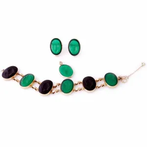 Vintage Ronci Gold Fld Scarab Parure Green/Black 1950S