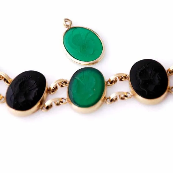 Vintage Ronci Gold Fld Scarab Parure Green/Black 1950S