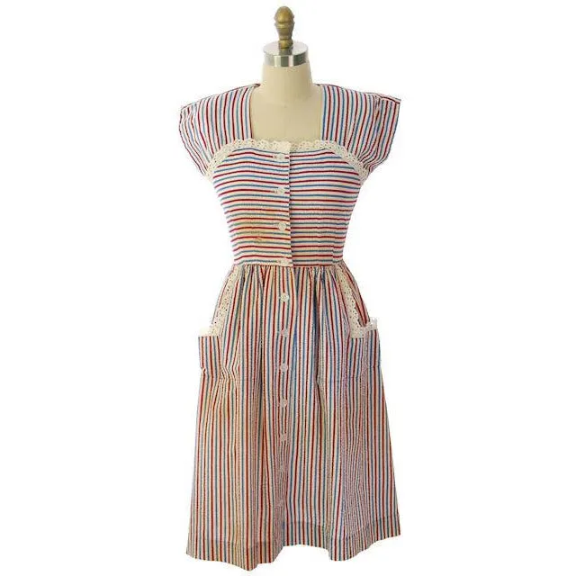 Vintage Seersucker Dress Striped For Costume Betty Barclay 1940s