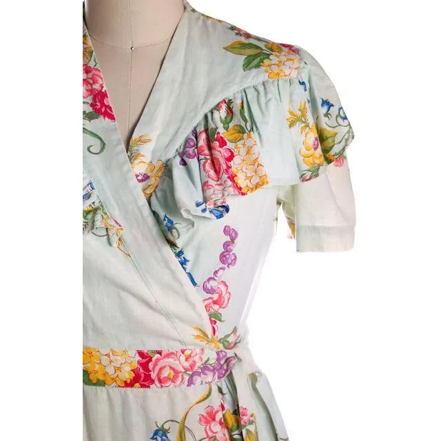Vintage Shabby Floral Robe Pale Blue Print 1940s Sz M