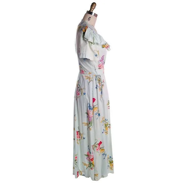 Vintage Shabby Floral Robe Pale Blue Print 1940s Sz M