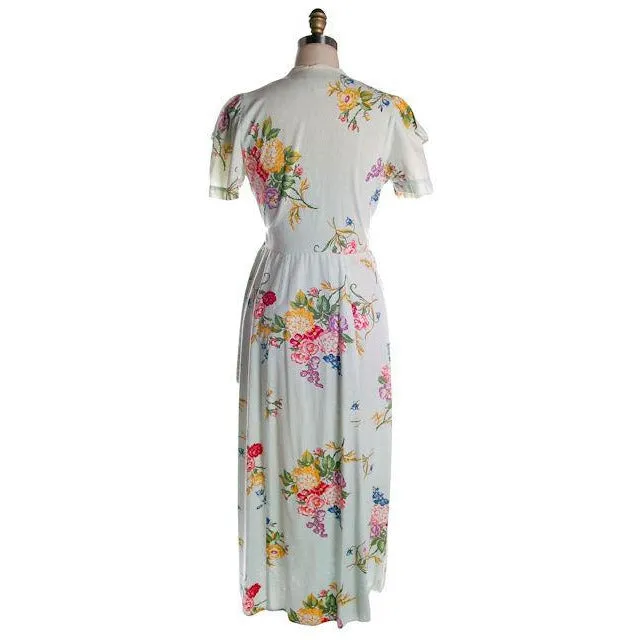 Vintage Shabby Floral Robe Pale Blue Print 1940s Sz M