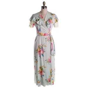 Vintage Shabby Floral Robe Pale Blue Print 1940s Sz M