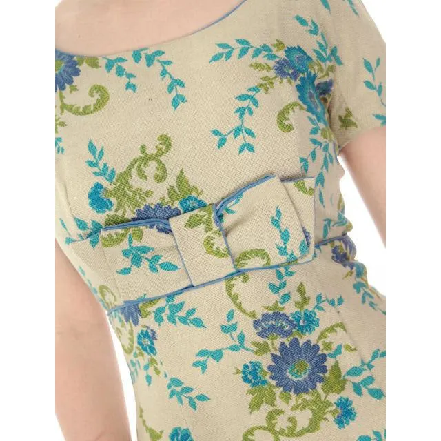 Vintage Sheath Dress Linen Floral Print on Natural  Florian 1960S 38-32-42
