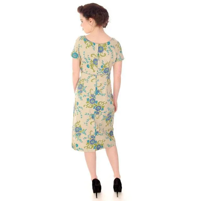 Vintage Sheath Dress Linen Floral Print on Natural  Florian 1960S 38-32-42