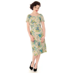 Vintage Sheath Dress Linen Floral Print on Natural  Florian 1960S 38-32-42